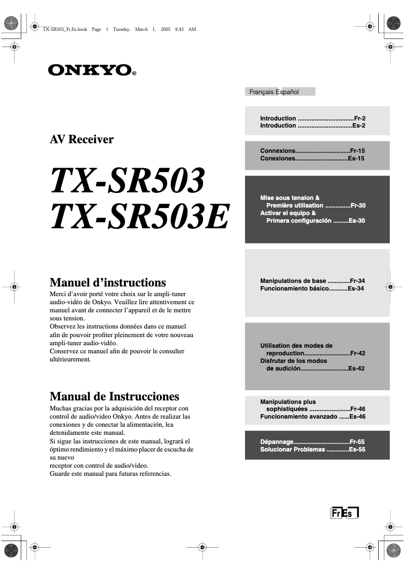 Page 1 de la notice Manuel utilisateur Onkyo TX-SR503