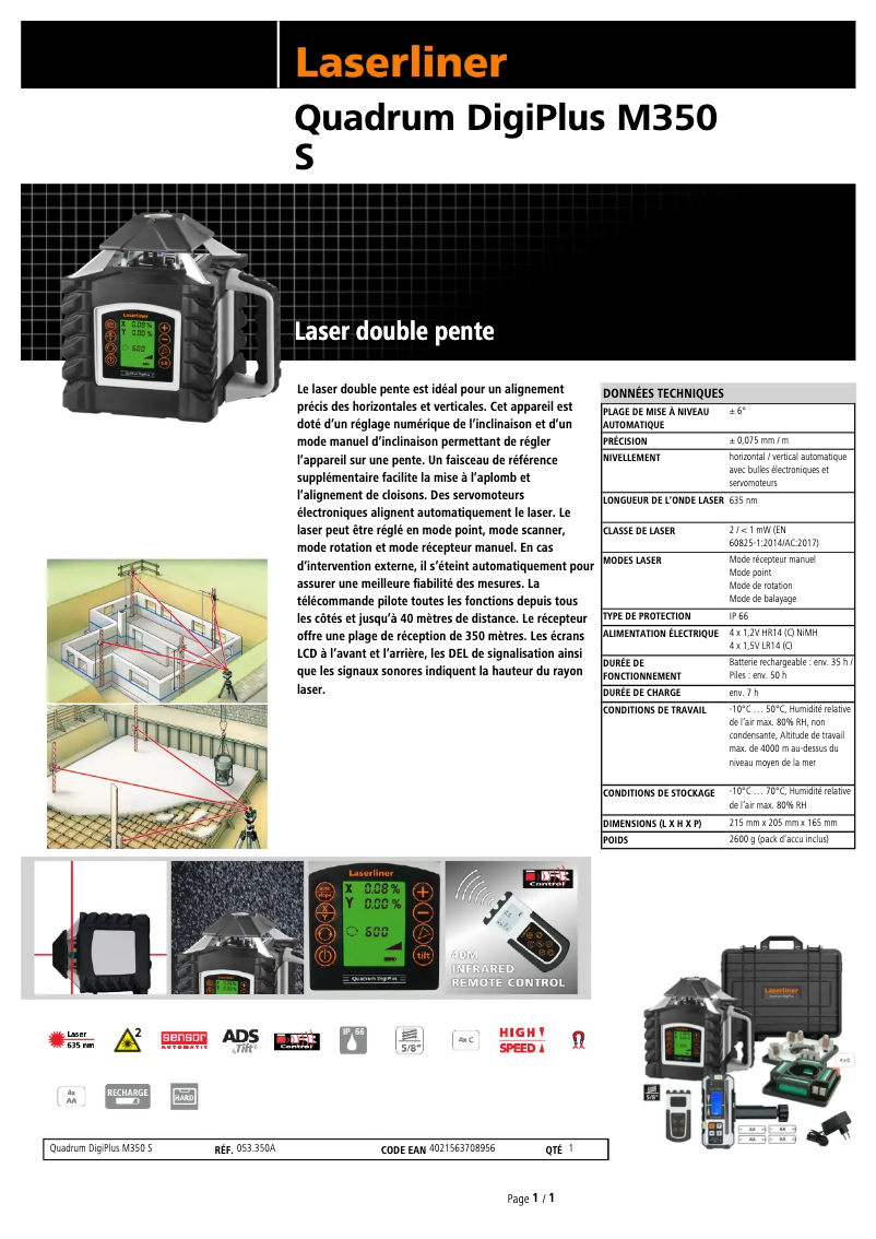 Page 1 de la notice Fiche technique Laserliner Quadrum DigiPlus M350 S