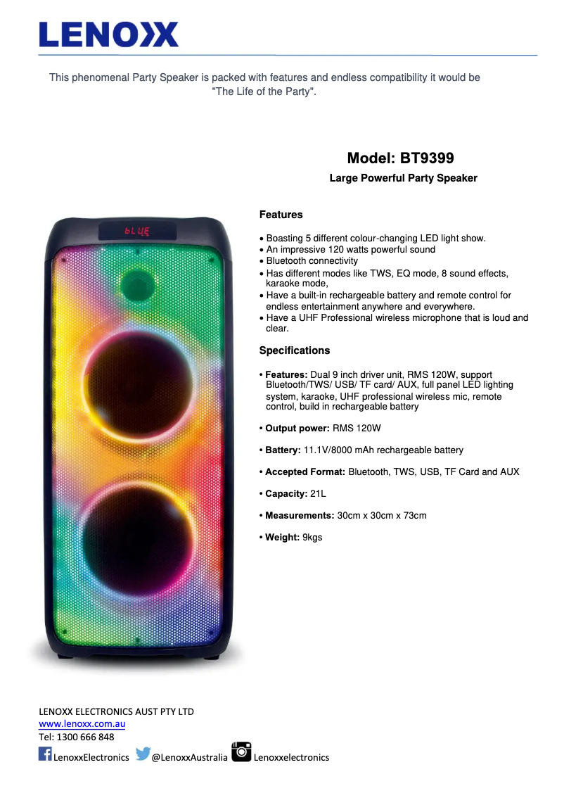 Page 1 de la notice Fiche technique Lenoxx BT9399