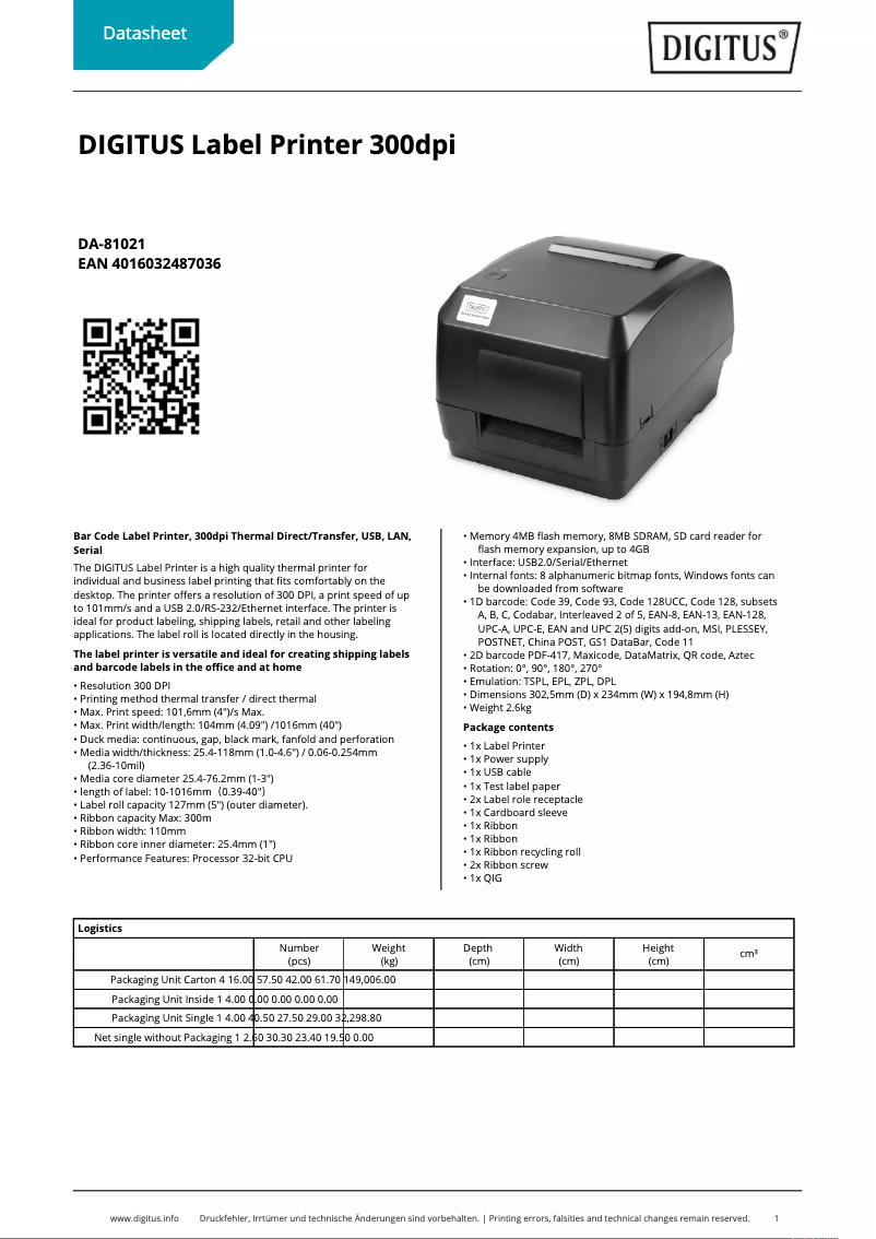 Page 1 de la notice Fiche technique Digitus DA-81021