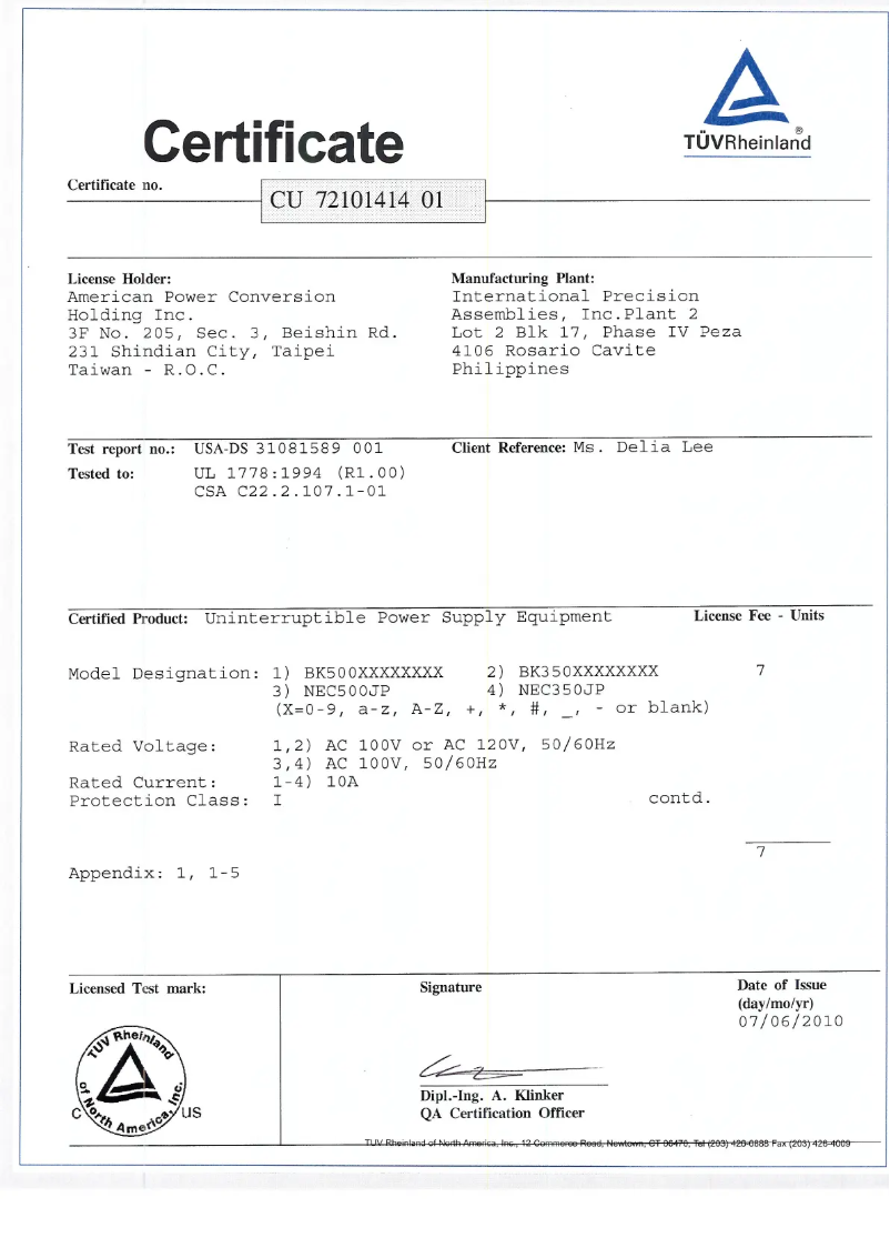 Page n°1 - Manuel utilisateur APC Back-UPS BK350