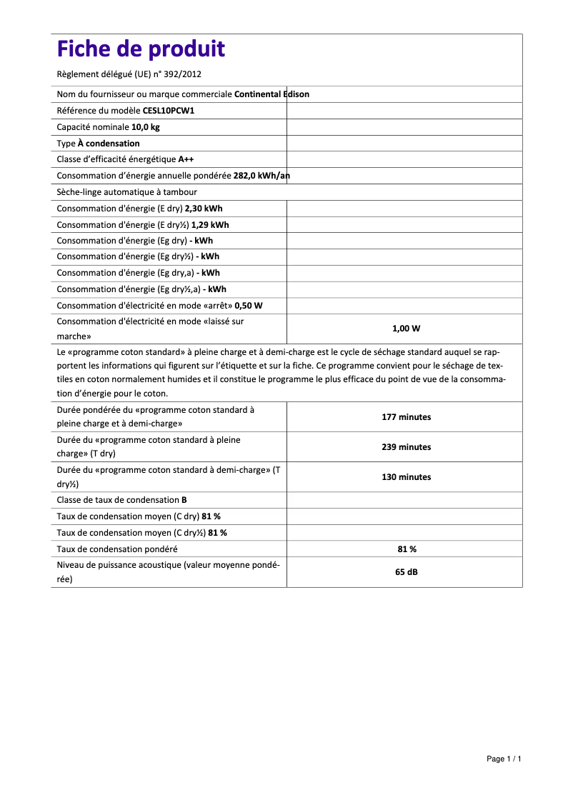 Page n°1 - Label énergétique Continental Edison CESL10PCW1