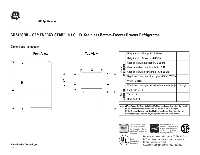 Page n°1 - Fiche technique GE GDS18SBRLSS