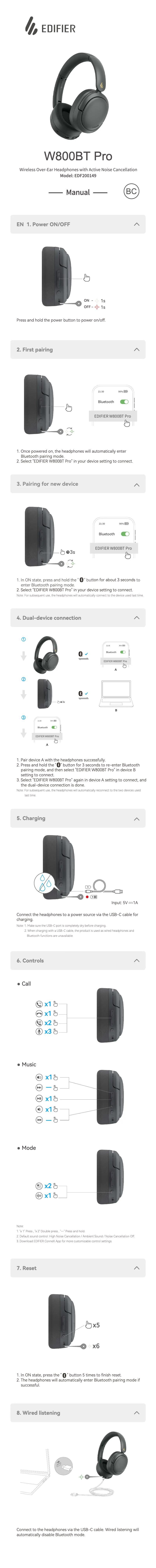 Page 1 de la notice Manuel utilisateur Edifier W800BT Pro