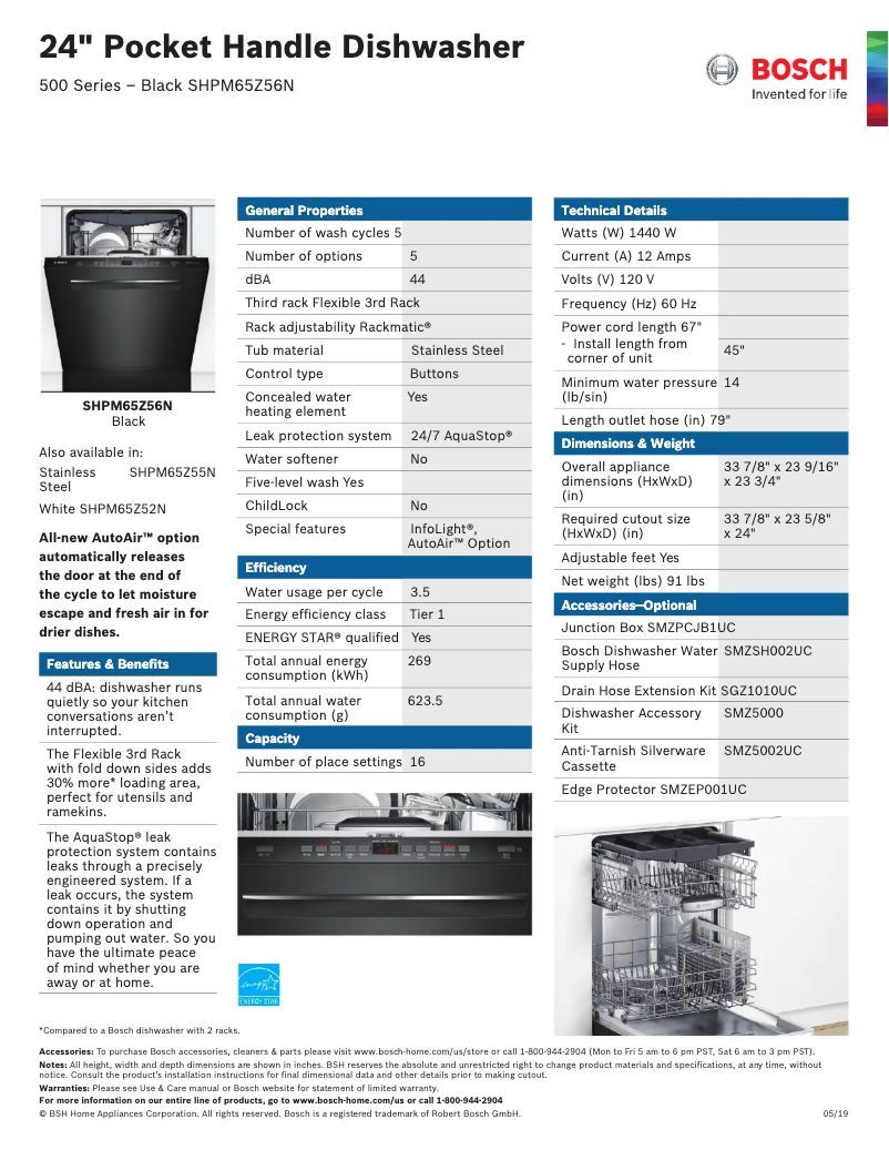 Page 1 de la notice Fiche technique Bosch SHPM65Z56N