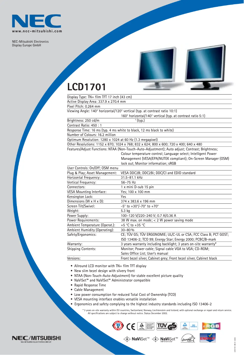 Page 1 de la notice Fiche technique NEC LCD1701