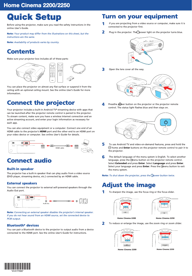 Page 1 de la notice Guide de démarrage rapide Epson Home Cinema 2250