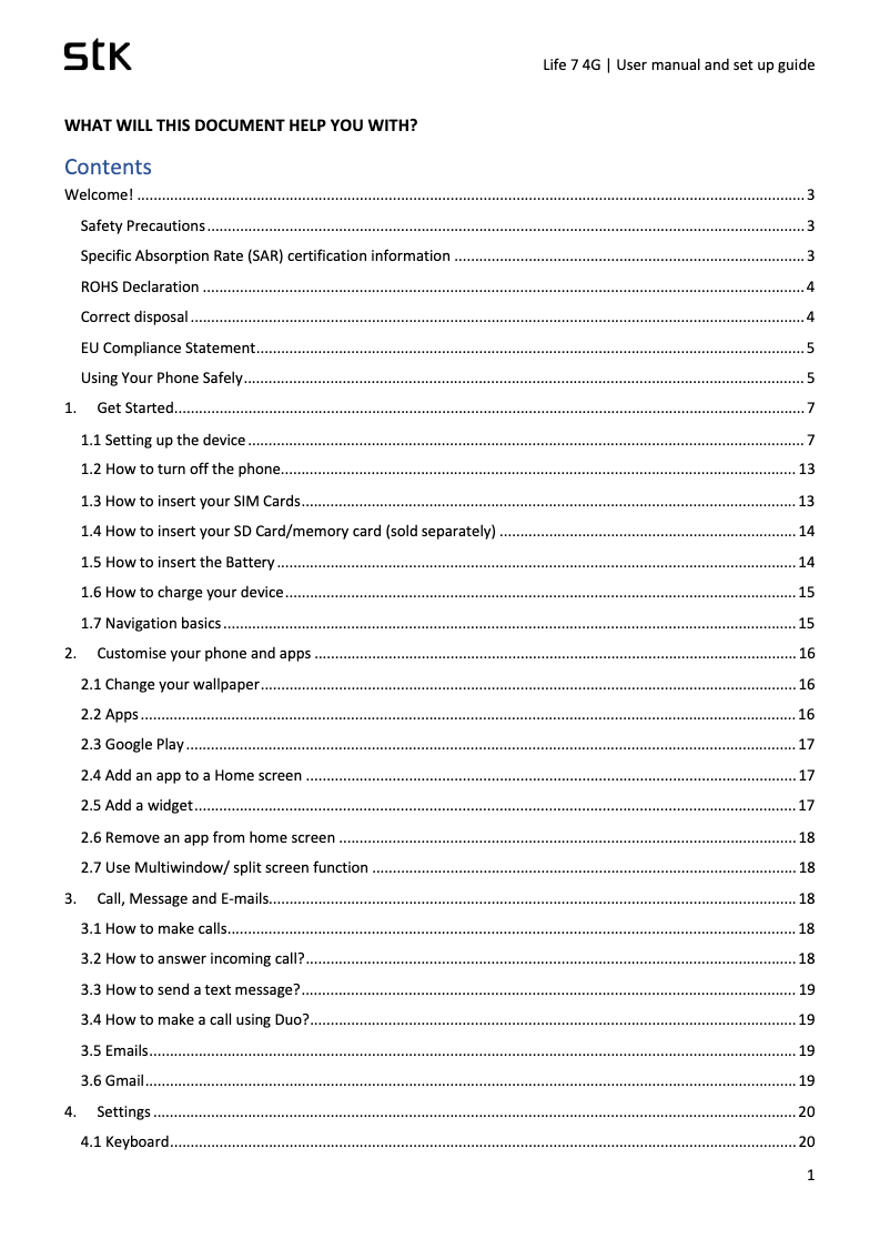 Page 1 de la notice Manuel utilisateur STK Life 7 4G