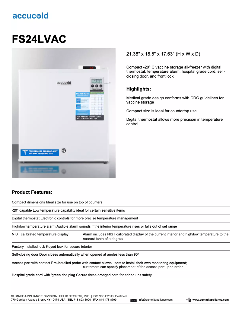 Page 1 de la notice Fiche technique Summit Accucold FS24LVAC