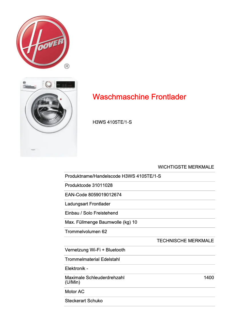 Page n°1 - Fiche technique Hoover H3WS 4105TE/1-S