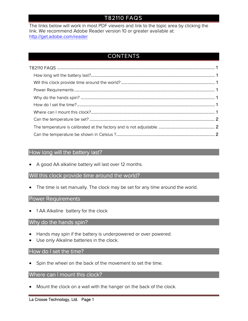 Page n°1 - FAQ La Crosse Technology T82110
