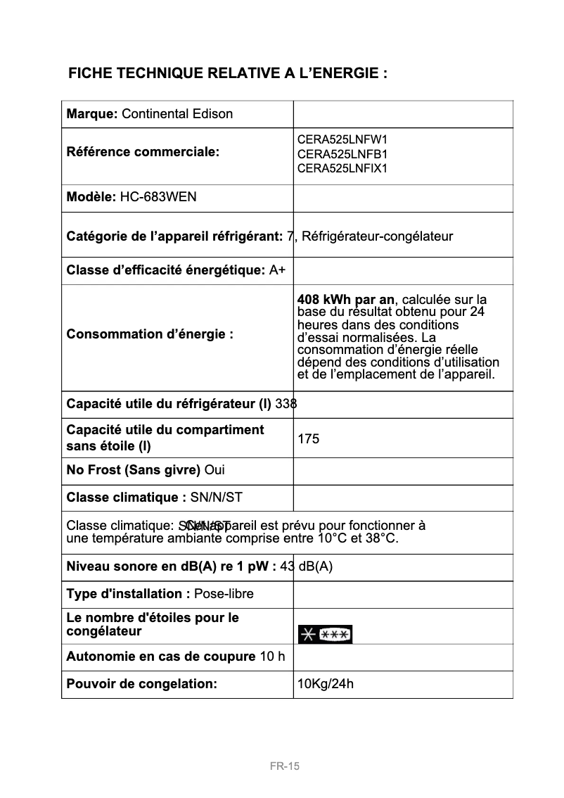 Page 1 de la notice Label énergétique Continental Edison CERA525LNFB1