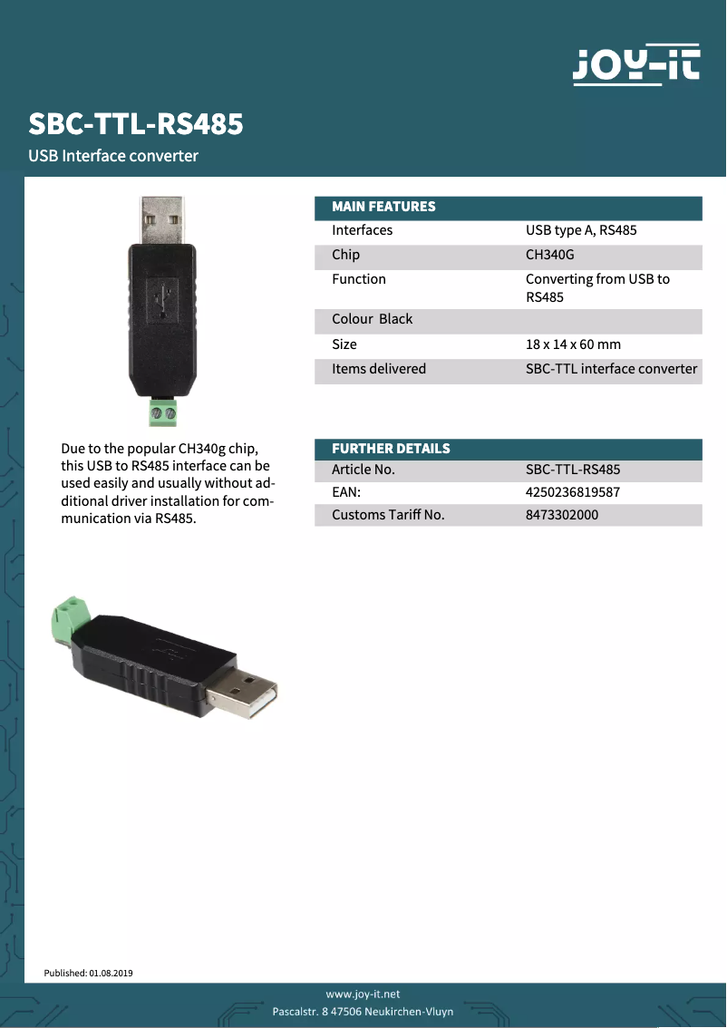 Page 1 de la notice Fiche technique Joy-It SBC-TTL-RS485