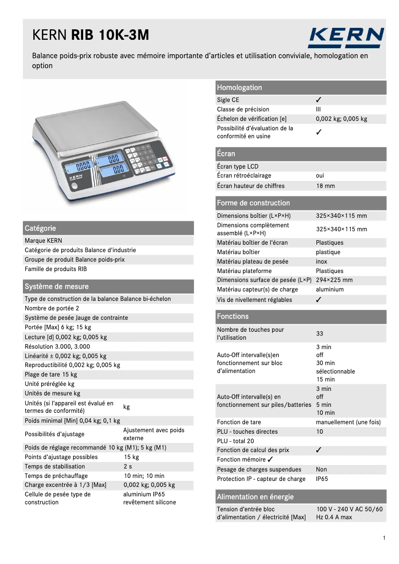 Page 1 de la notice Fiche technique Kern RIB 10K-3M