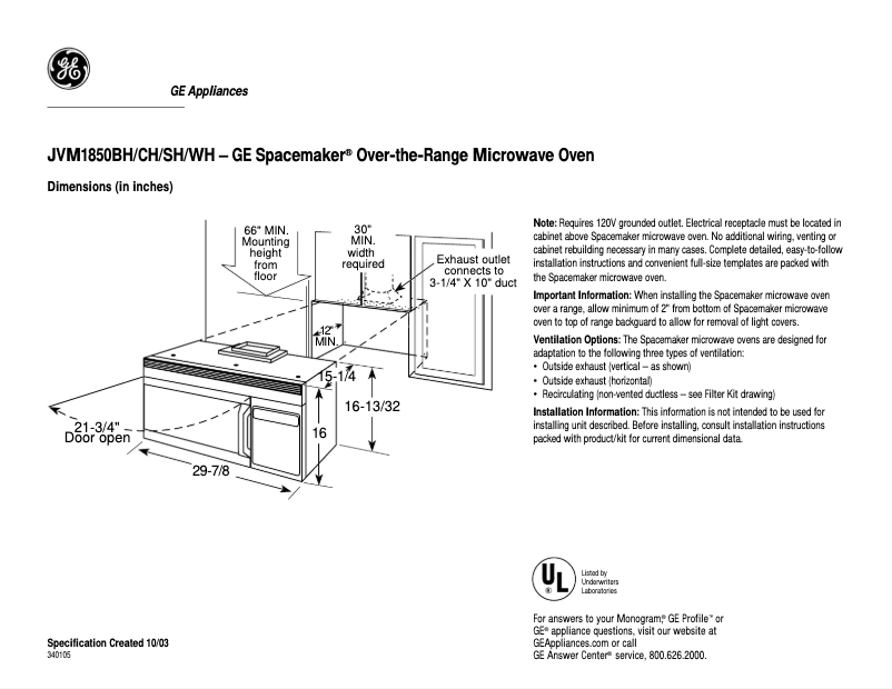 Page 1 de la notice Fiche technique GE JVM1850WH