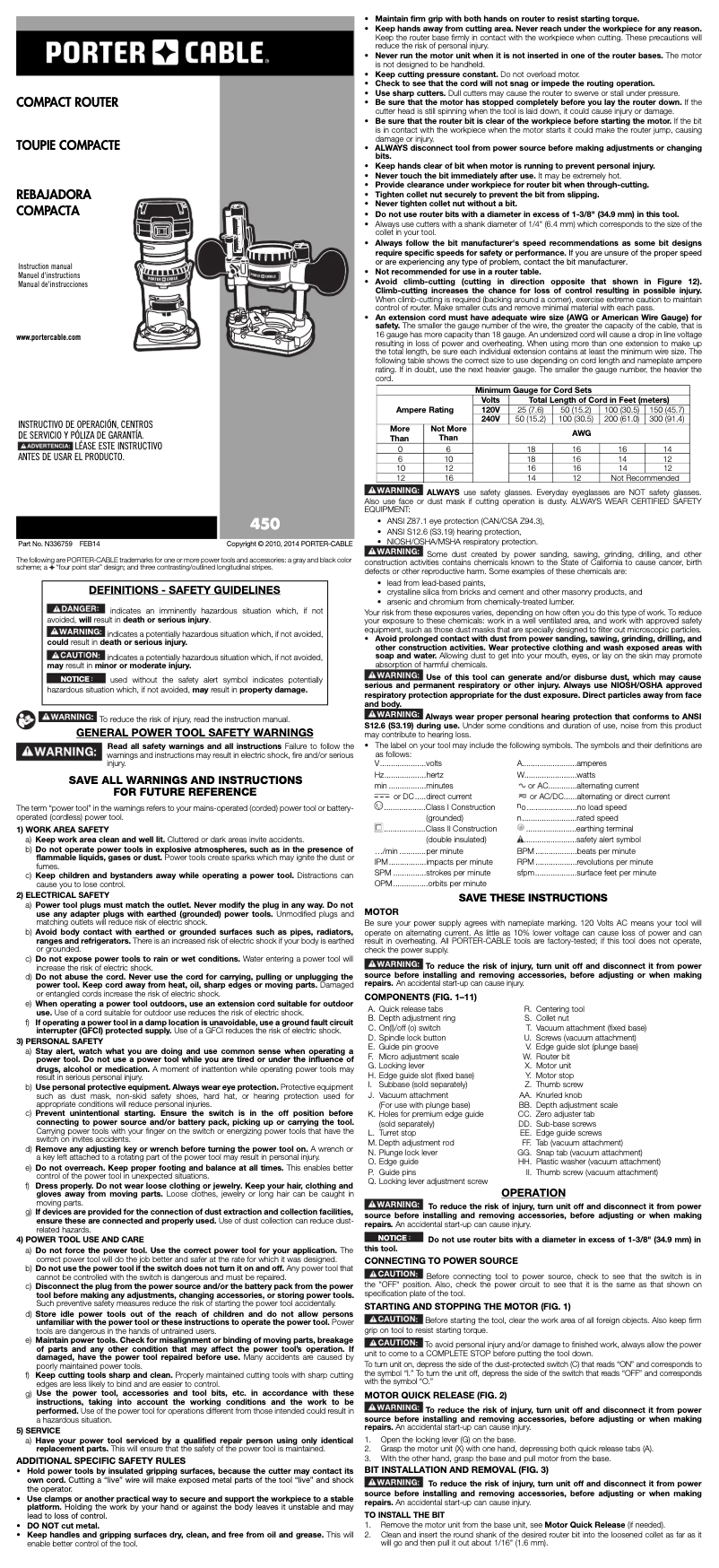 Page n°1 - Manuel utilisateur Porter-Cable 450PK