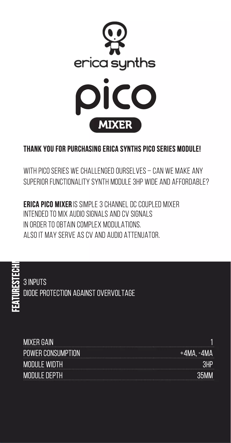 Page 1 de la notice Manuel utilisateur Erica Synths Pico Mixer
