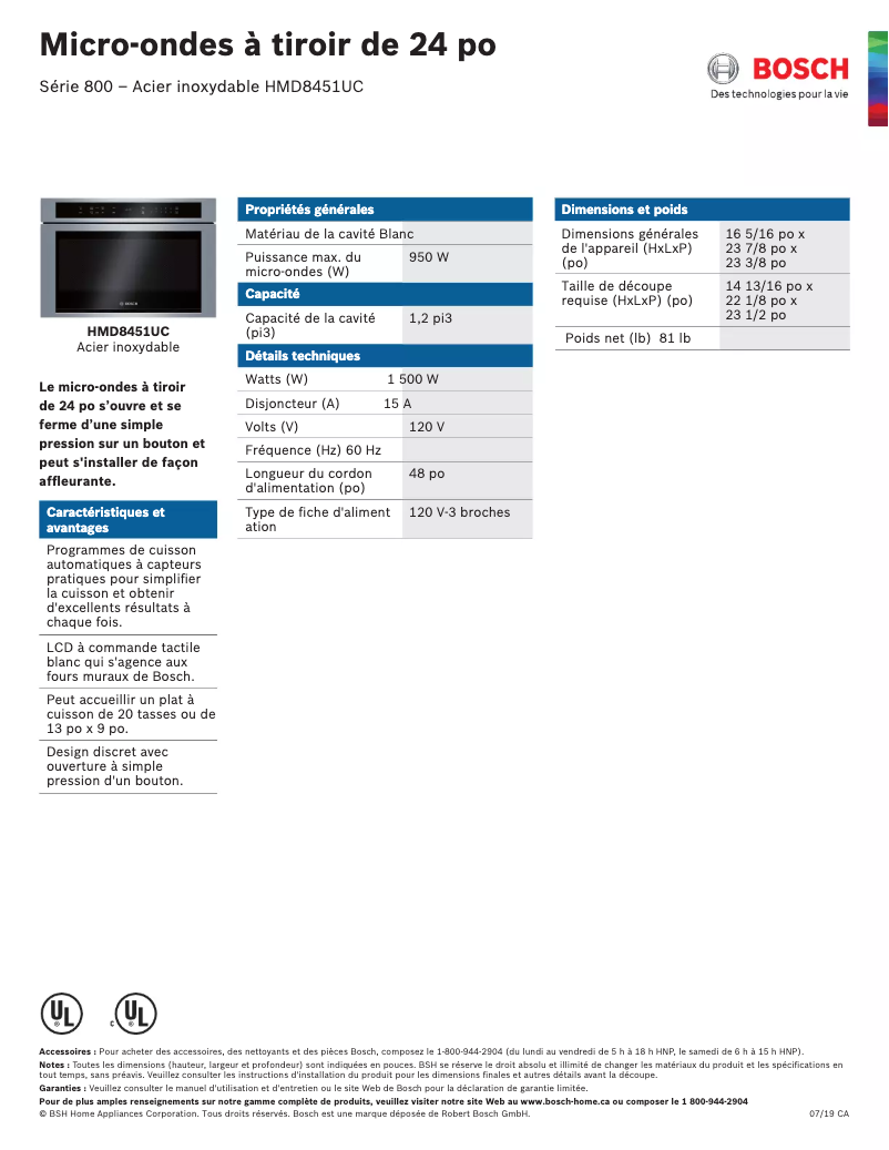 Page 1 de la notice Fiche technique Bosch HMD8451UC