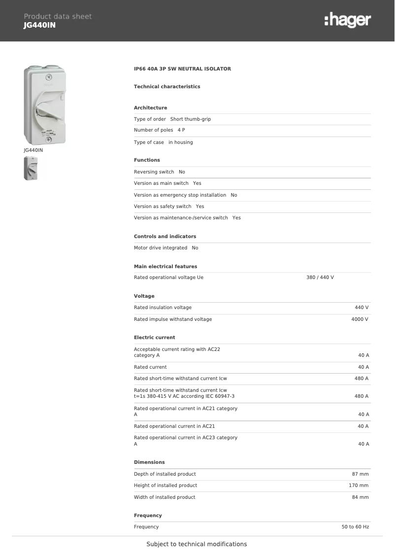 Page 1 de la notice Fiche technique Hager JG440IN