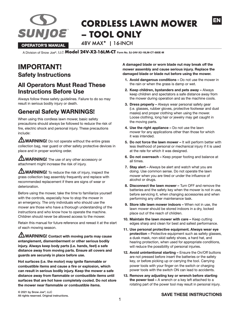 Page n°1 - Manuel utilisateur Sun Joe 24V-X2-16LM-CT