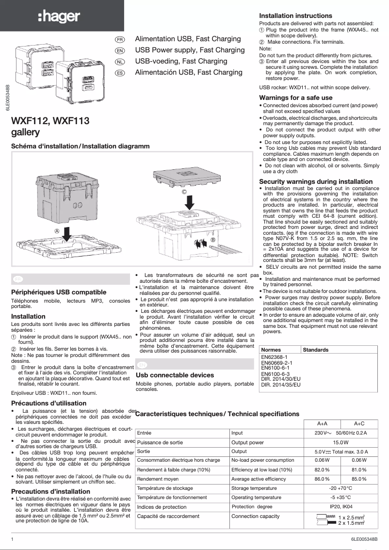 Page 1 de la notice Guide d'installation Hager WXF112