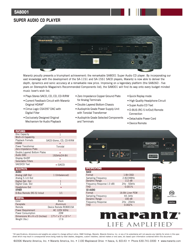 Página 1 del manual Ficha técnica Marantz SA8001