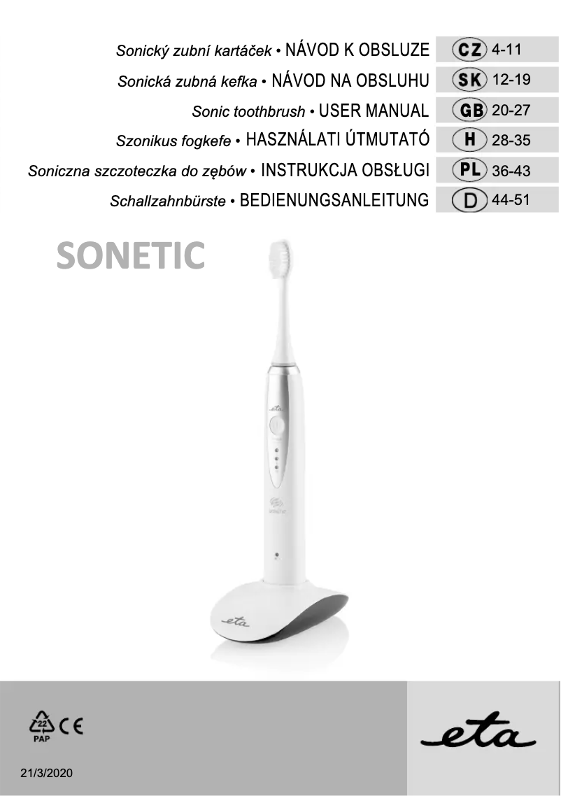 Page n°1 - Manuel utilisateur Eta Sonetic 070790000