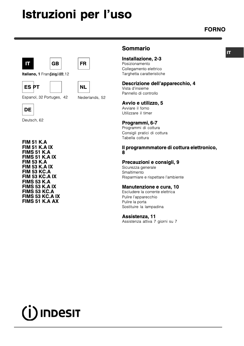 Page 1 de la notice Manuel utilisateur Indesit 7OFIM 53 K.A IX