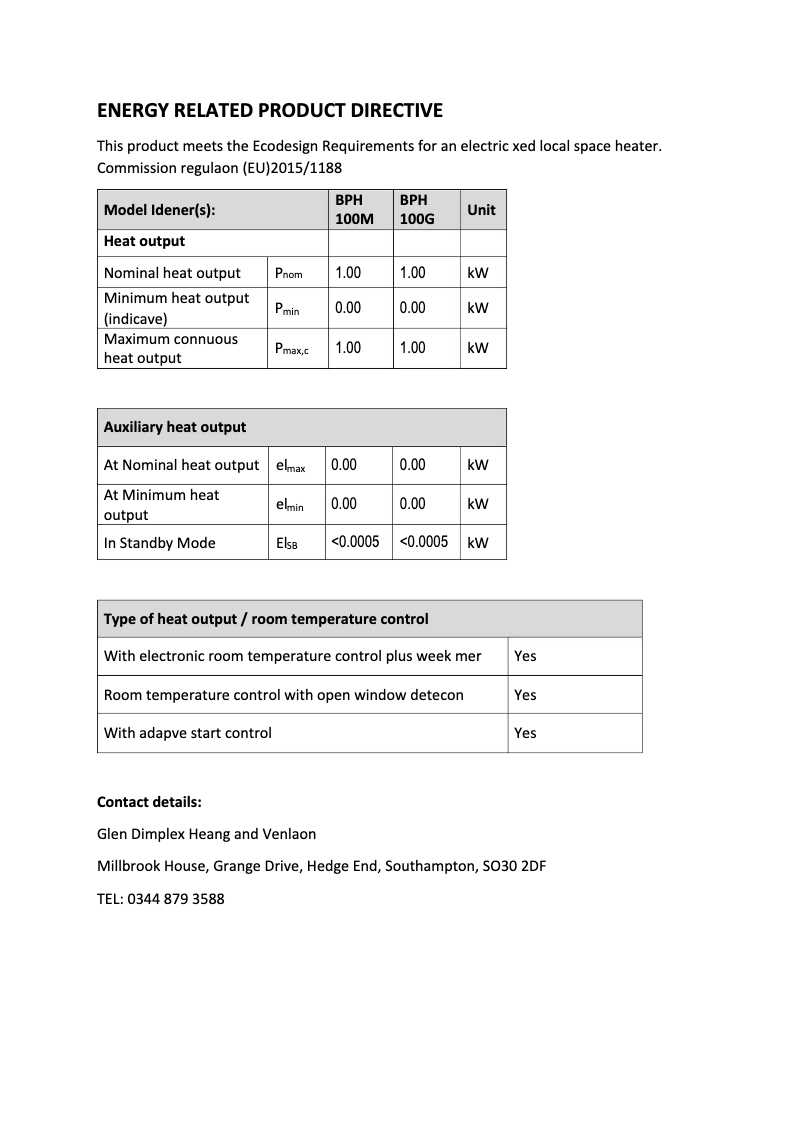 Page 1 de la notice Fiche technique Dimplex GFP050WE