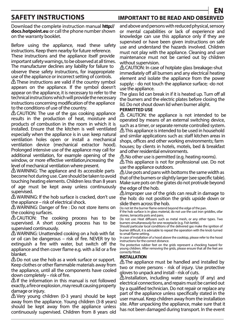 Page 1 de la notice Instructions / montage Hotpoint FTGHG 641 D H BK