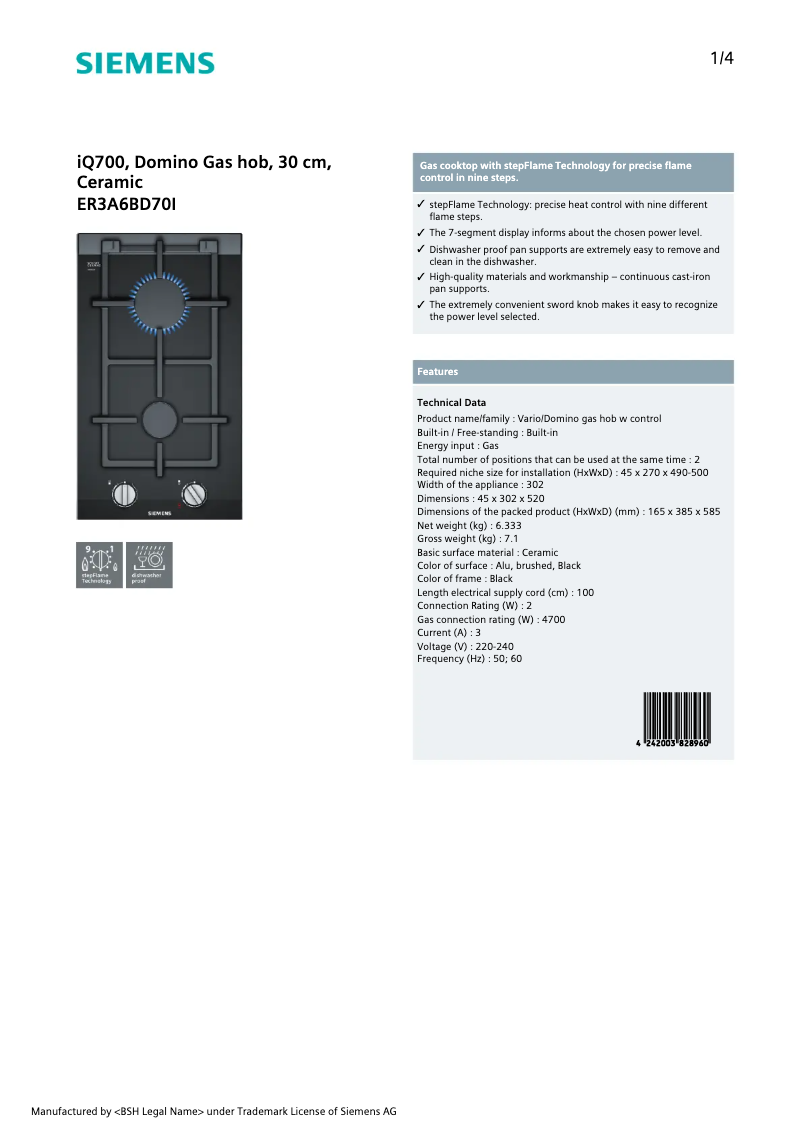 Page 1 de la notice Fiche technique Siemens ER3A6BD70I