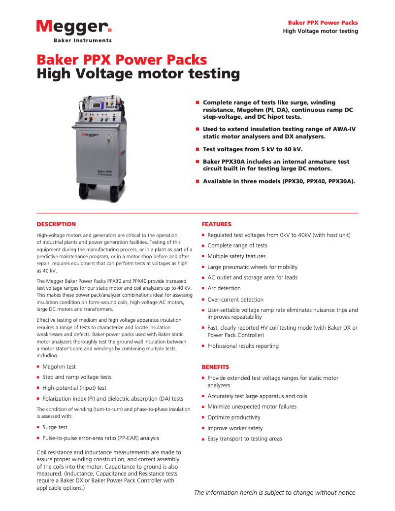 Page 1 de la notice Fiche technique Megger Baker PPX Power Pack