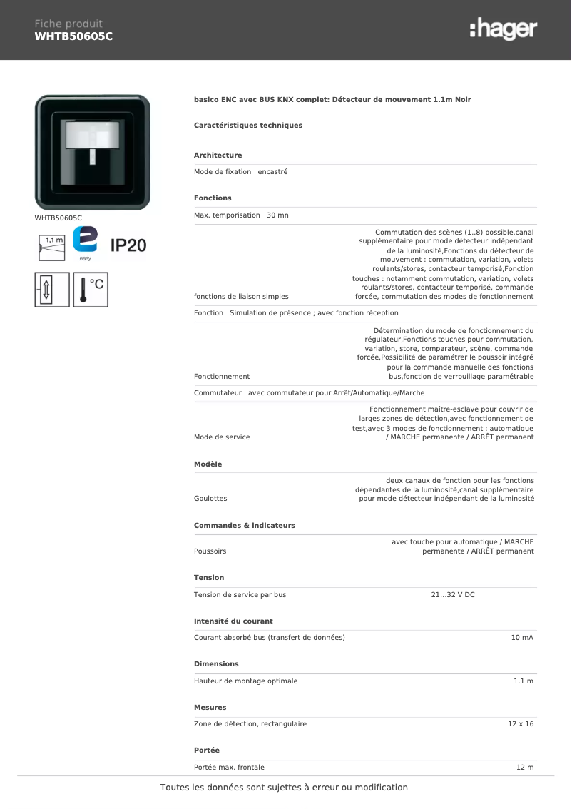 Page n°1 - Fiche technique Hager WHTB50605C