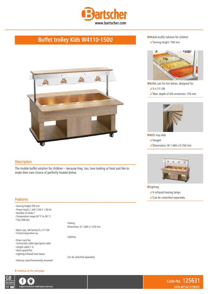 Page 1 de la notice Fiche technique Bartscher W4110-150U