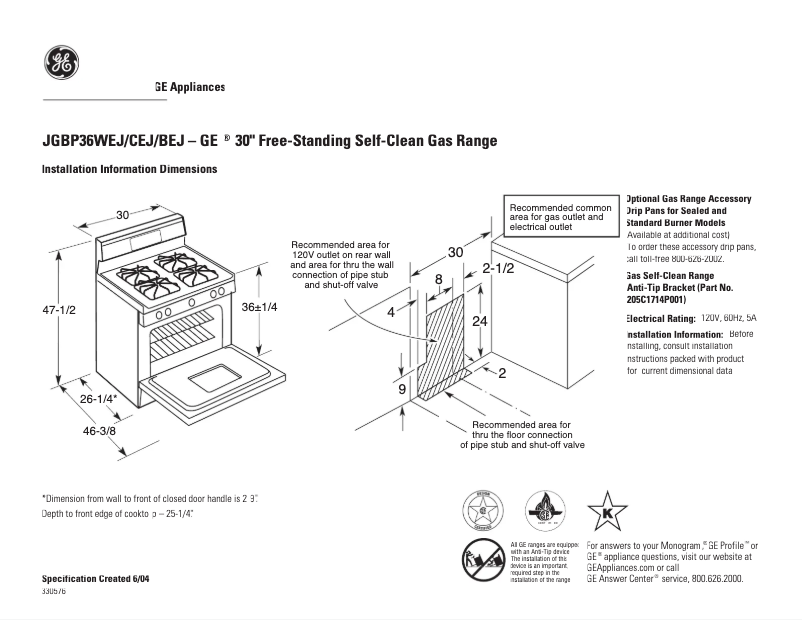 Page 1 of the manual Technical Sheet GE JGBP36CEJCC
