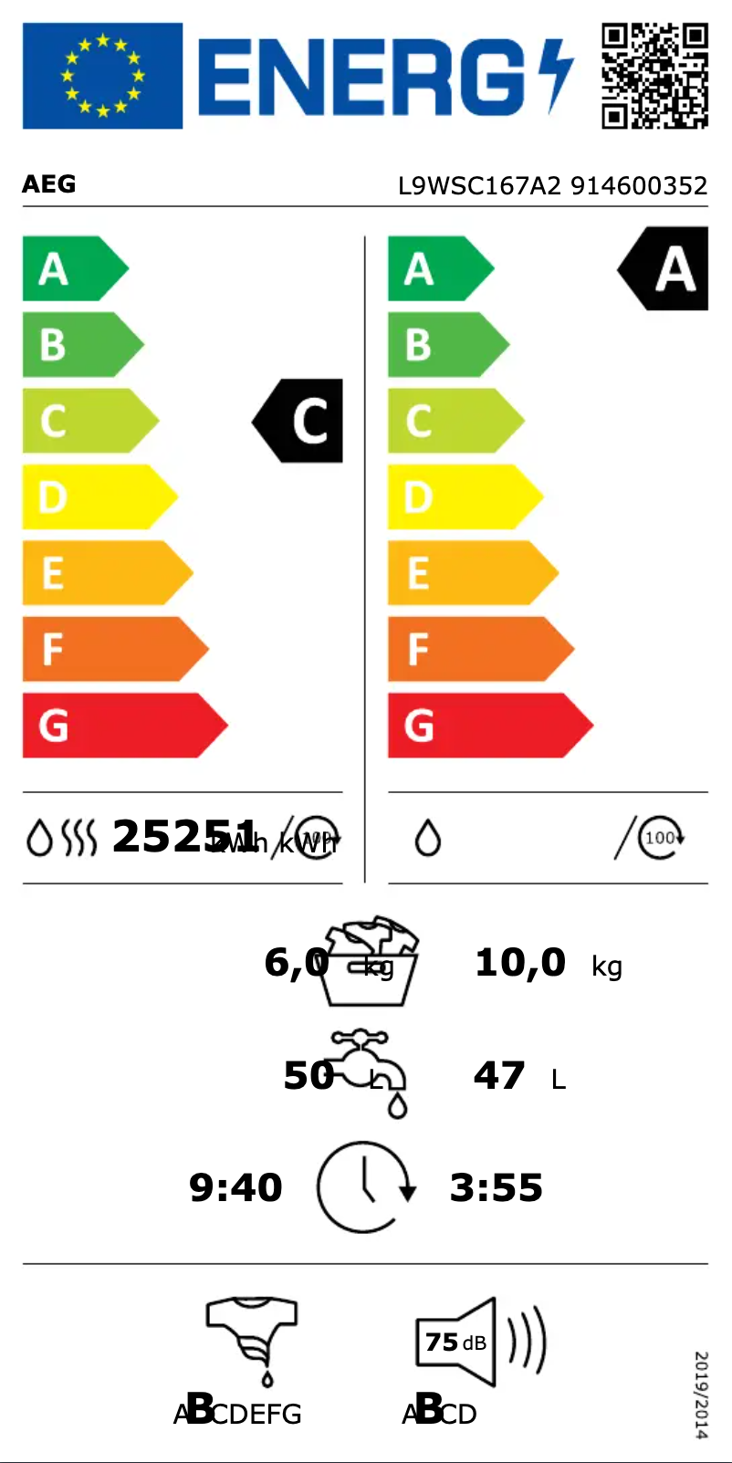 Page n°1 - Label énergétique AEG L9WSC167A2