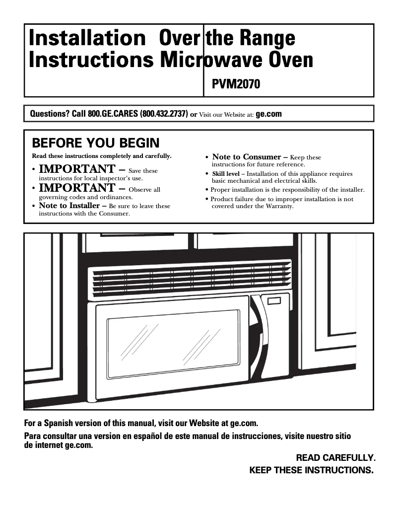 Page n°1 - Guide d'installation GE Spacemaker PVM2070SMSS