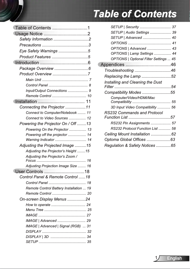 Page 1 de la notice Manuel utilisateur Optoma H182X