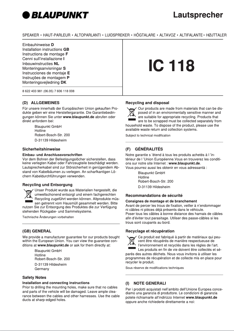 Page n°1 - Manuel utilisateur Blaupunkt IC 118