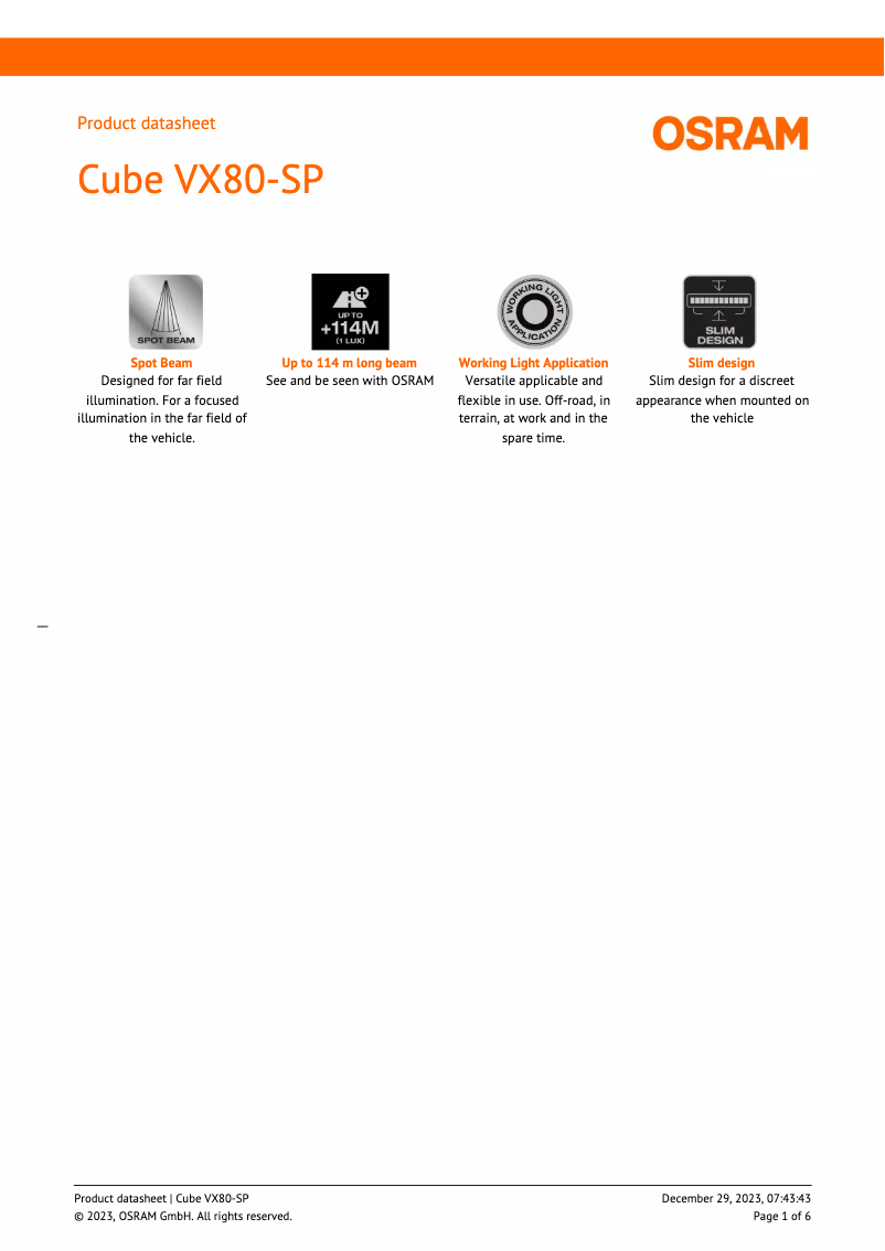 Page 1 de la notice Fiche technique Osram VX80-SP