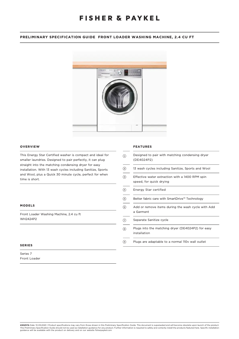 Page 1 de la notice Fiche technique Fisher & Paykel WH2424P2