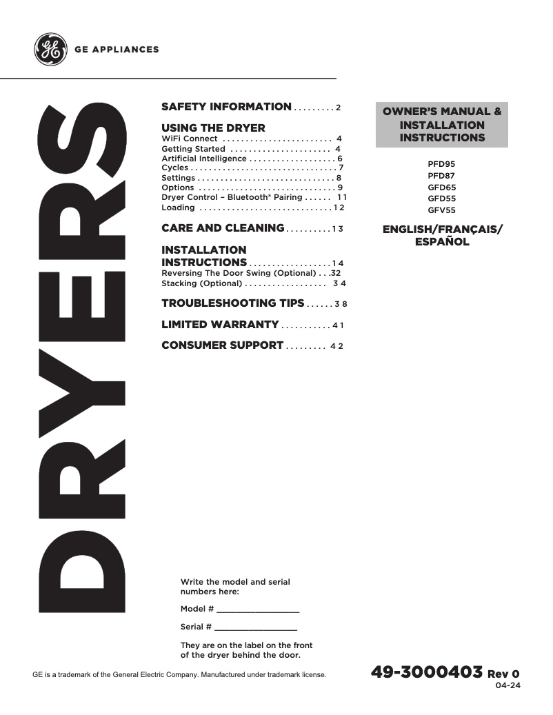 Image de la première page du manuel de l'appareil PFD95GSPWDS