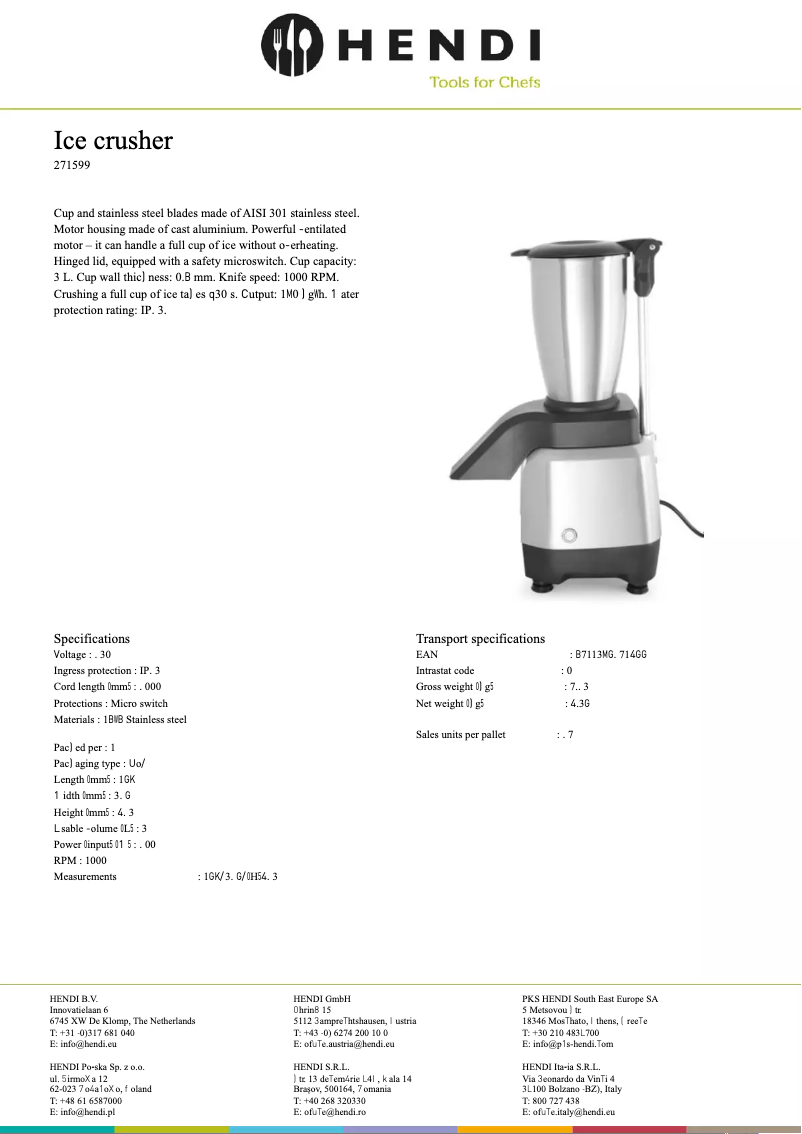 Page n°1 - Fiche technique Hendi 271599