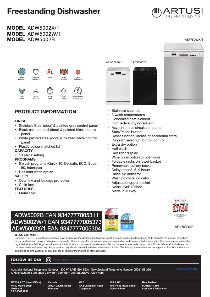 Page 1 de la notice Fiche technique Artusi ADW5002B