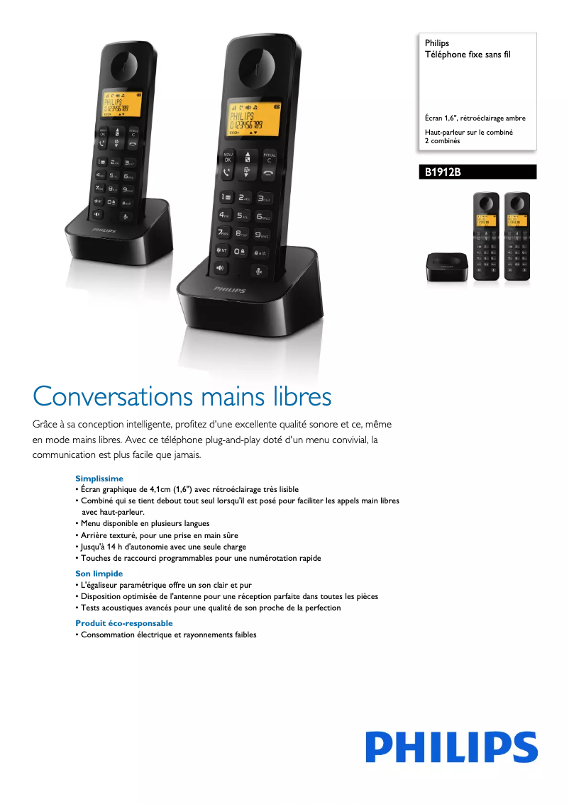 Page 1 de la notice Fiche technique Philips B1912B