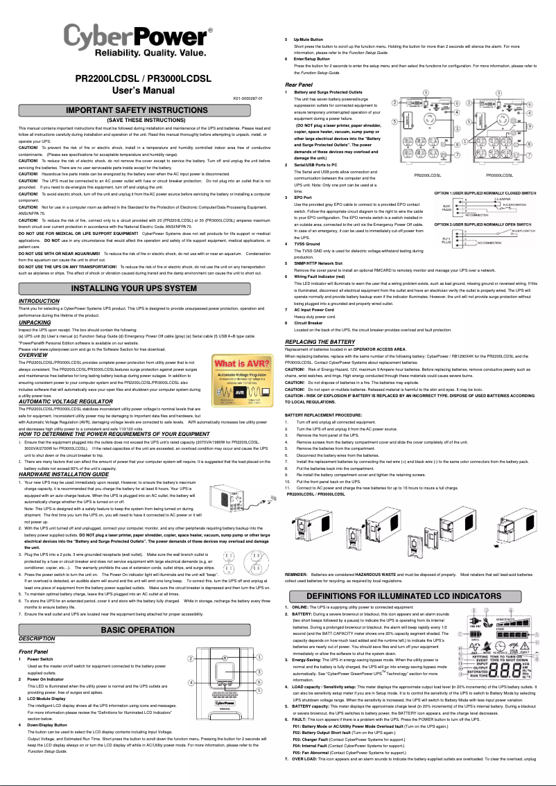 Page n°1 - Manuel utilisateur CyberPower PR3000LCDSL