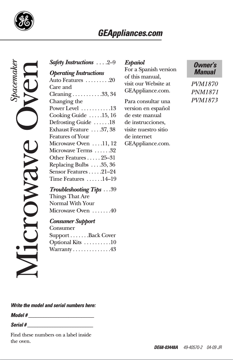 Page n°1 - Manuel utilisateur GE PVM1870DMBB