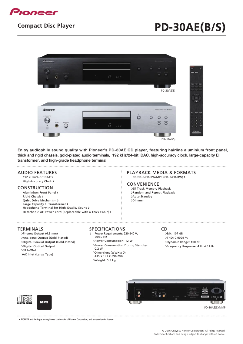 Page 1 de la notice Fiche technique Pioneer PD-30AE