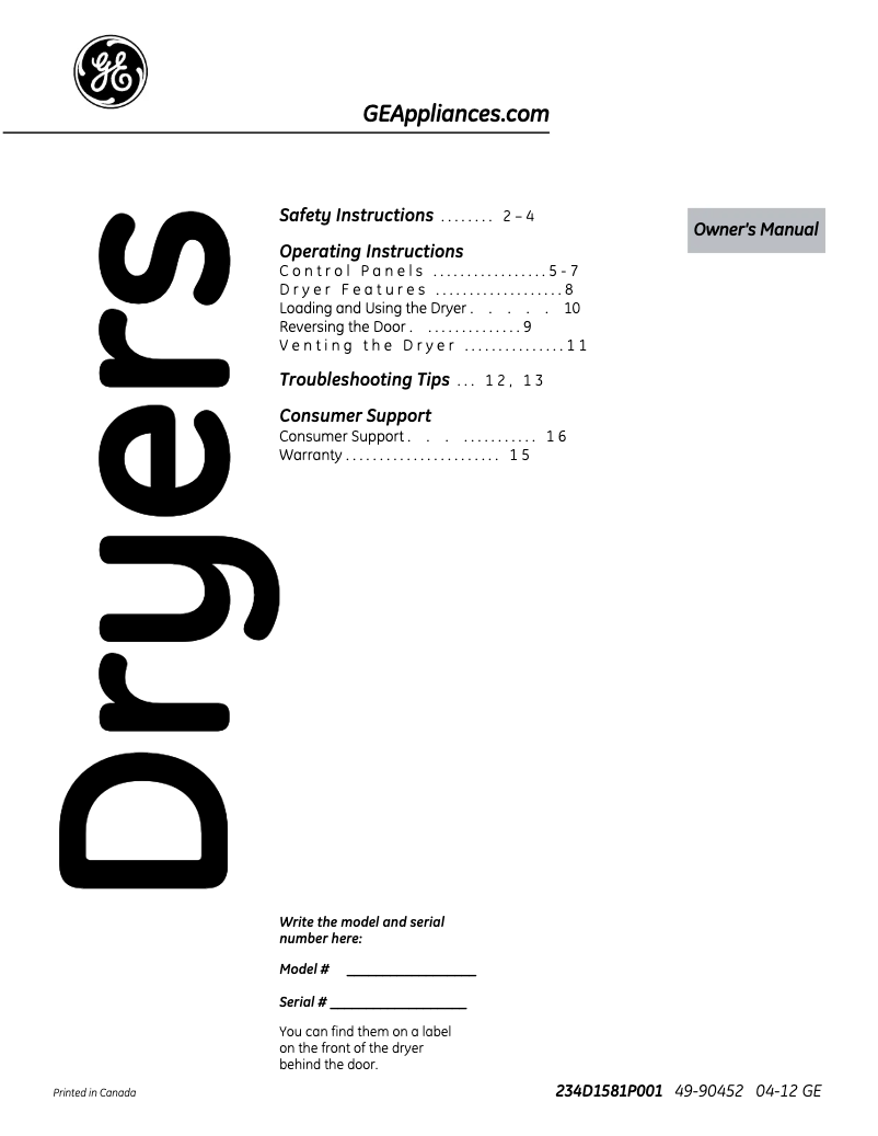 Page 1 de la notice Manuel d'utilisation et d'entretien GE SensorDry GHDN520EDWS