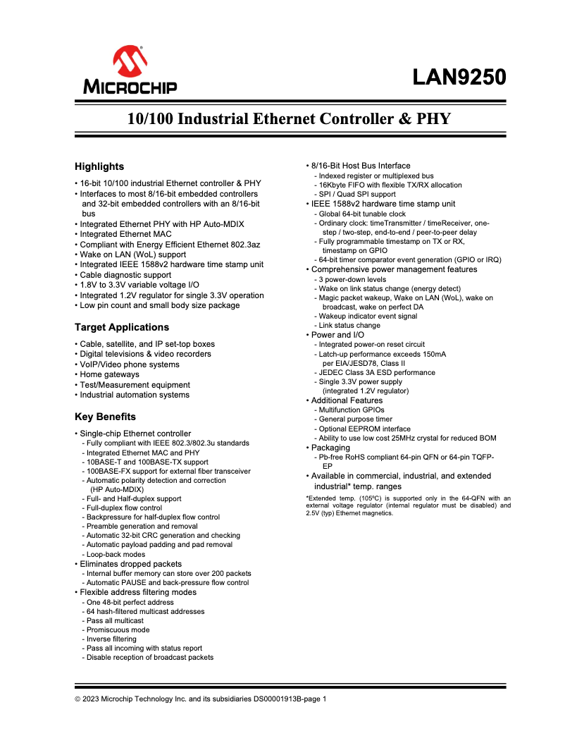 Page 1 de la notice Manuel utilisateur Microchip LAN9250